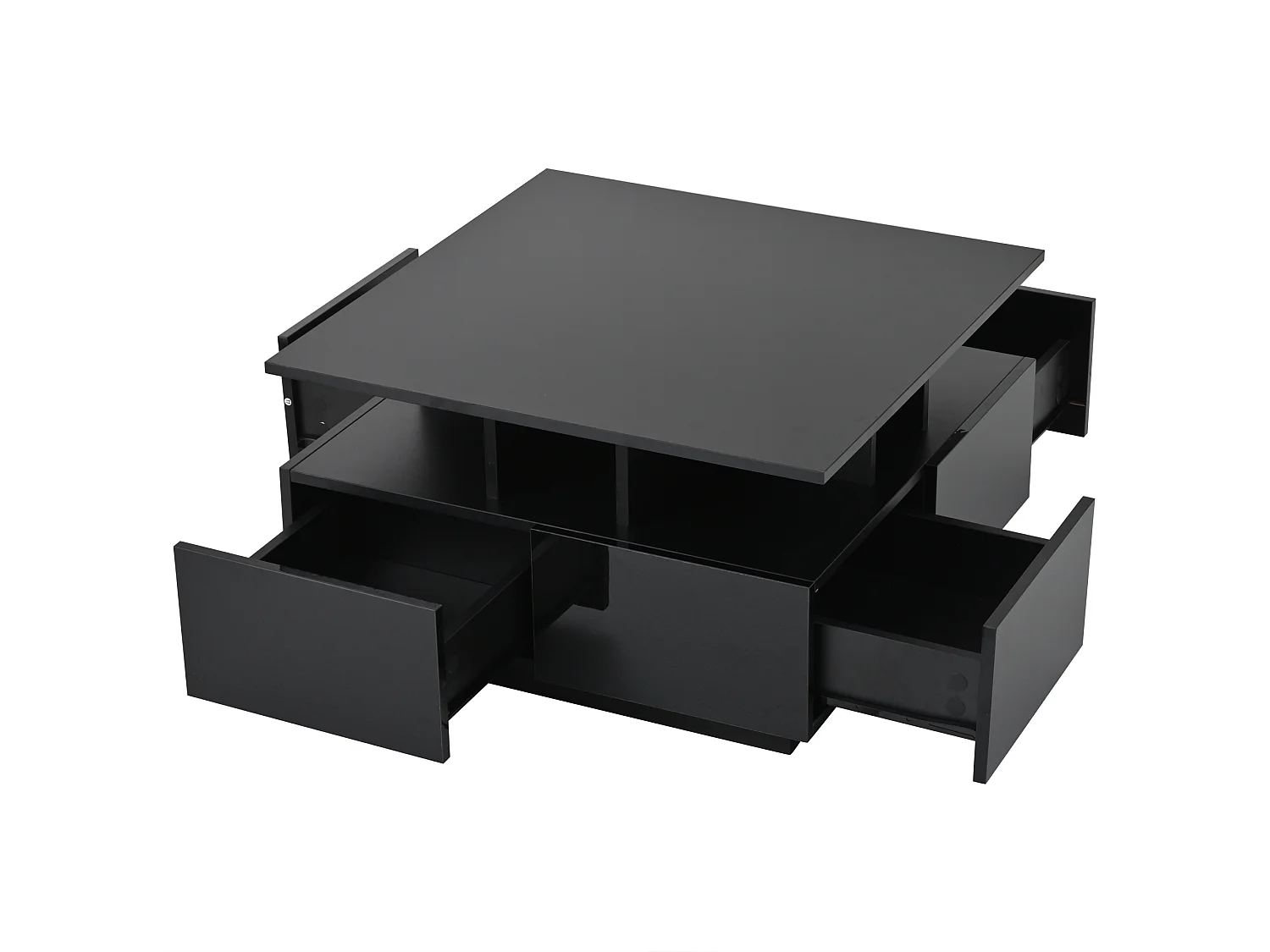 Table basse carrée noir - Table basse avec éclairage LED et 4 tiroirs - rangement ouvert