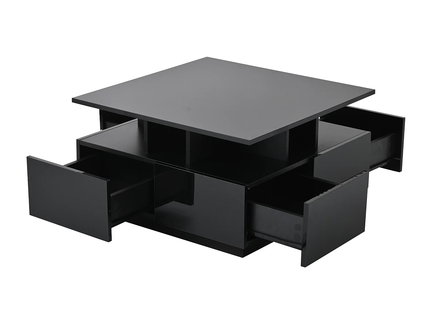 Table basse carrée noir - Table basse avec éclairage LED et 4 tiroirs - rangement ouvert
