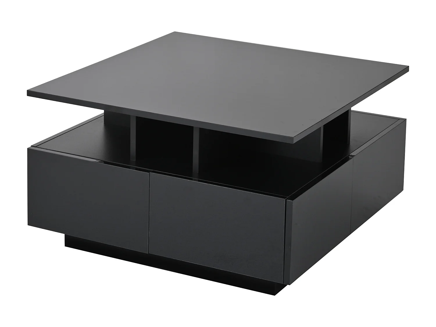 Table basse carrée noir - Table basse avec éclairage LED et 4 tiroirs - rangement ouvert