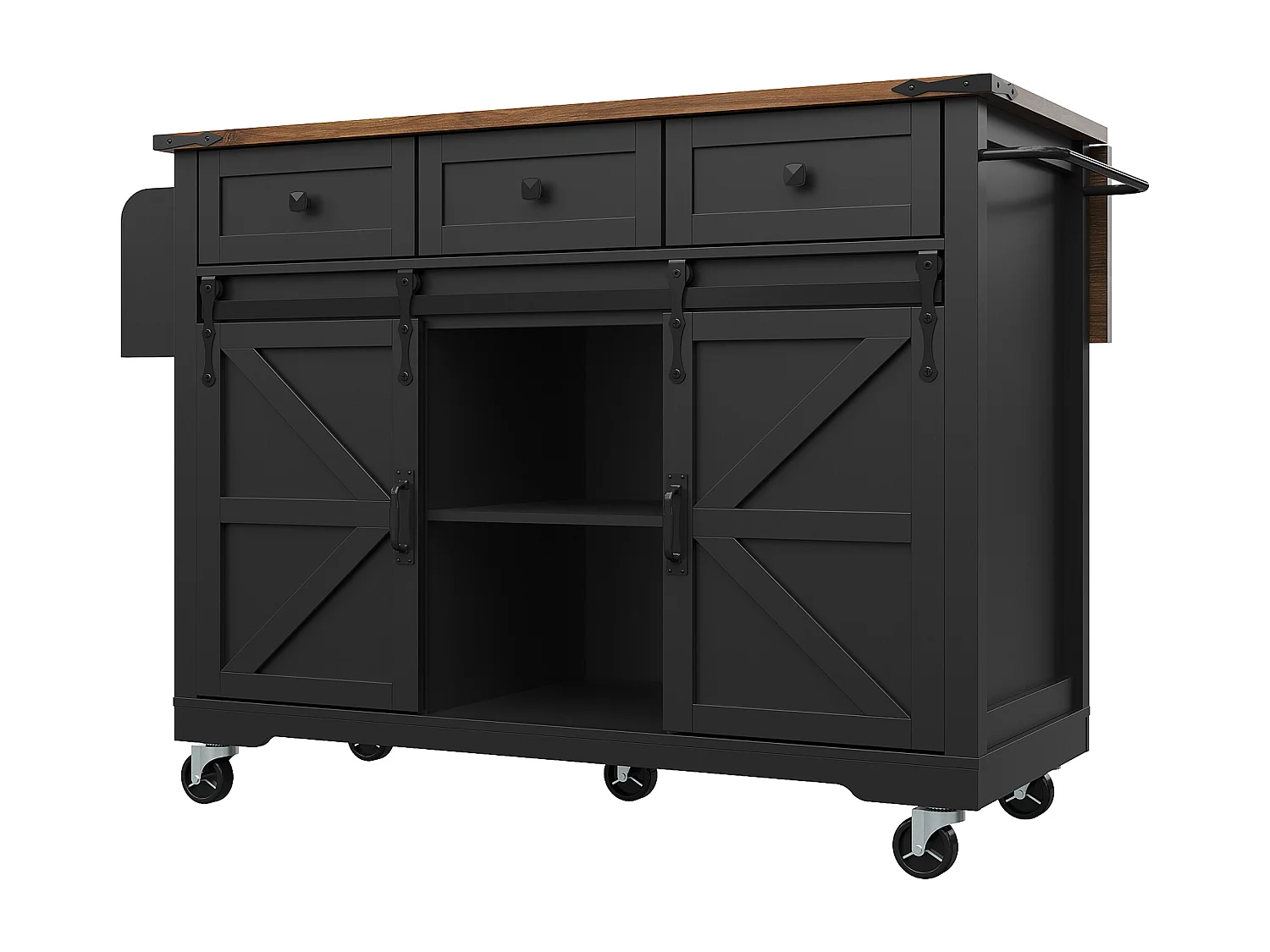 Kücheninsel mit Klappdeckel - Küchenwagen mit 2 Schiebetüren und 3 Schubladen - Handtuchhalter und Gewürzregal - schwarz