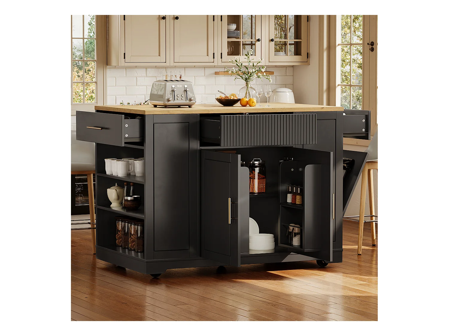 Carrito de cocina negro con estantes regulables - Isla central con 3 puertas y 3 cajones - compartimento para basura