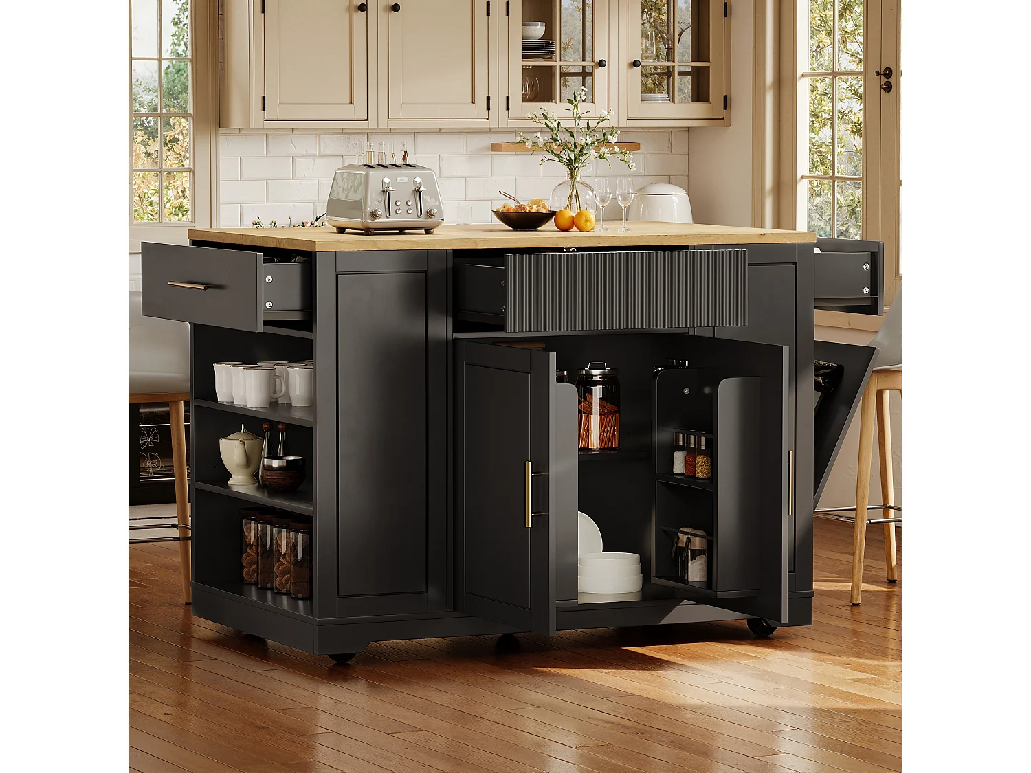 Desserte de cuisine noir avec étagères réglables - Îlot central avec 3 portes et 3 tiroirs - compartiment poubelle