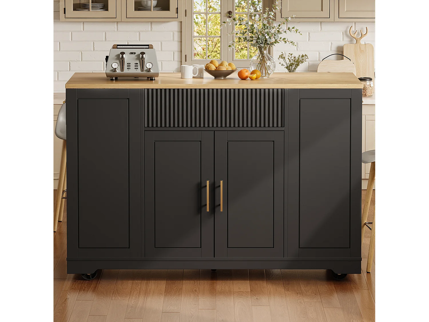 Desserte de cuisine noir avec étagères réglables - Îlot central avec 3 portes et 3 tiroirs - compartiment poubelle