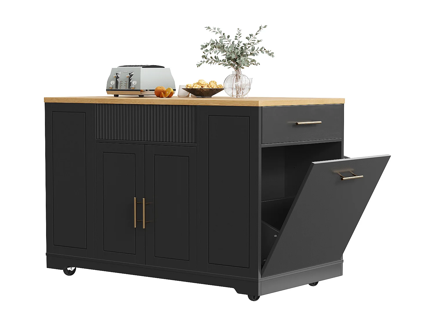 Desserte de cuisine noir avec étagères réglables - Îlot central avec 3 portes et 3 tiroirs - compartiment poubelle