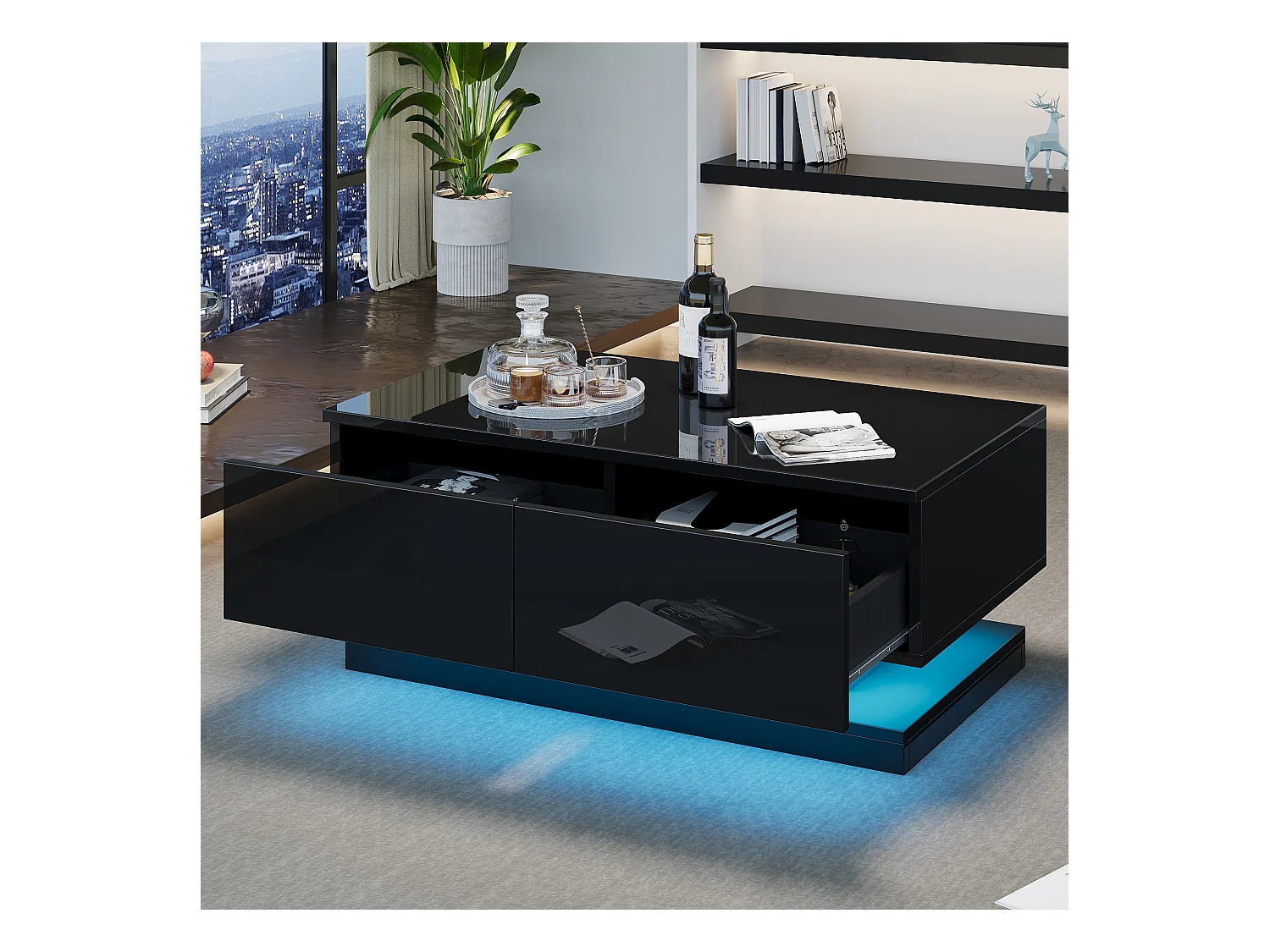Mesa de centro rectangular negra - Mesa de centro con iluminación LED y 2 cajones - Acabado brillo