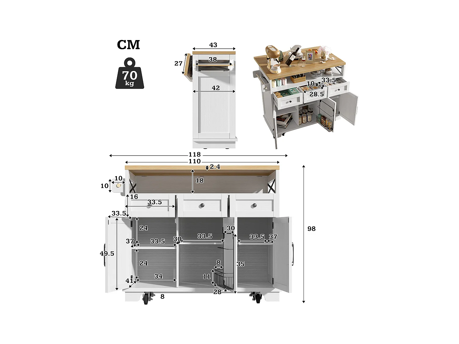Îlot central de cuisine blanc à 3 portes et 3 tiroirs - Desserte de cuisine avec porte-serviettes et rangement ouvert - plateau pliable