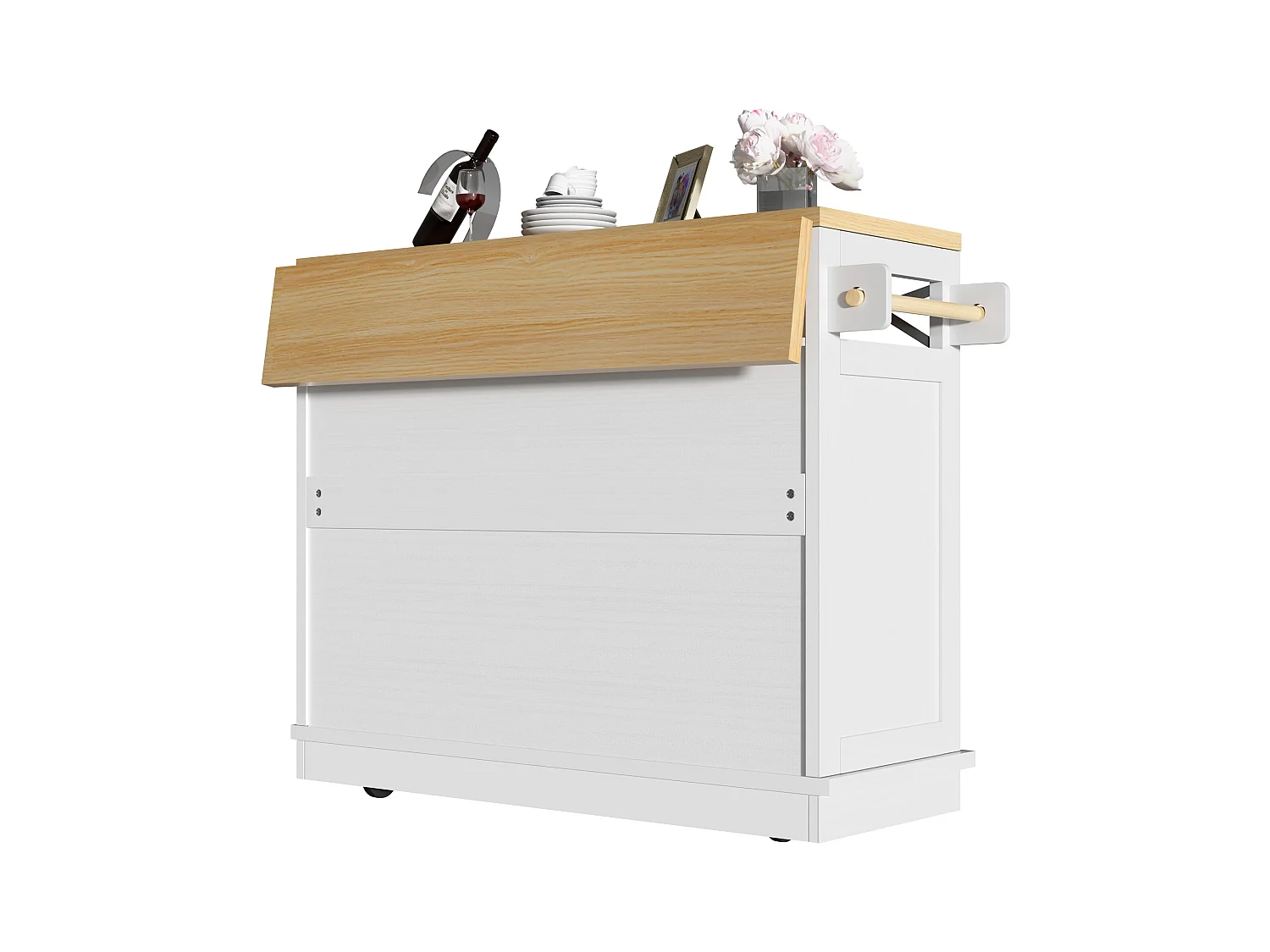 Îlot central de cuisine blanc à 3 portes et 3 tiroirs - Desserte de cuisine avec porte-serviettes et rangement ouvert - plateau pliable