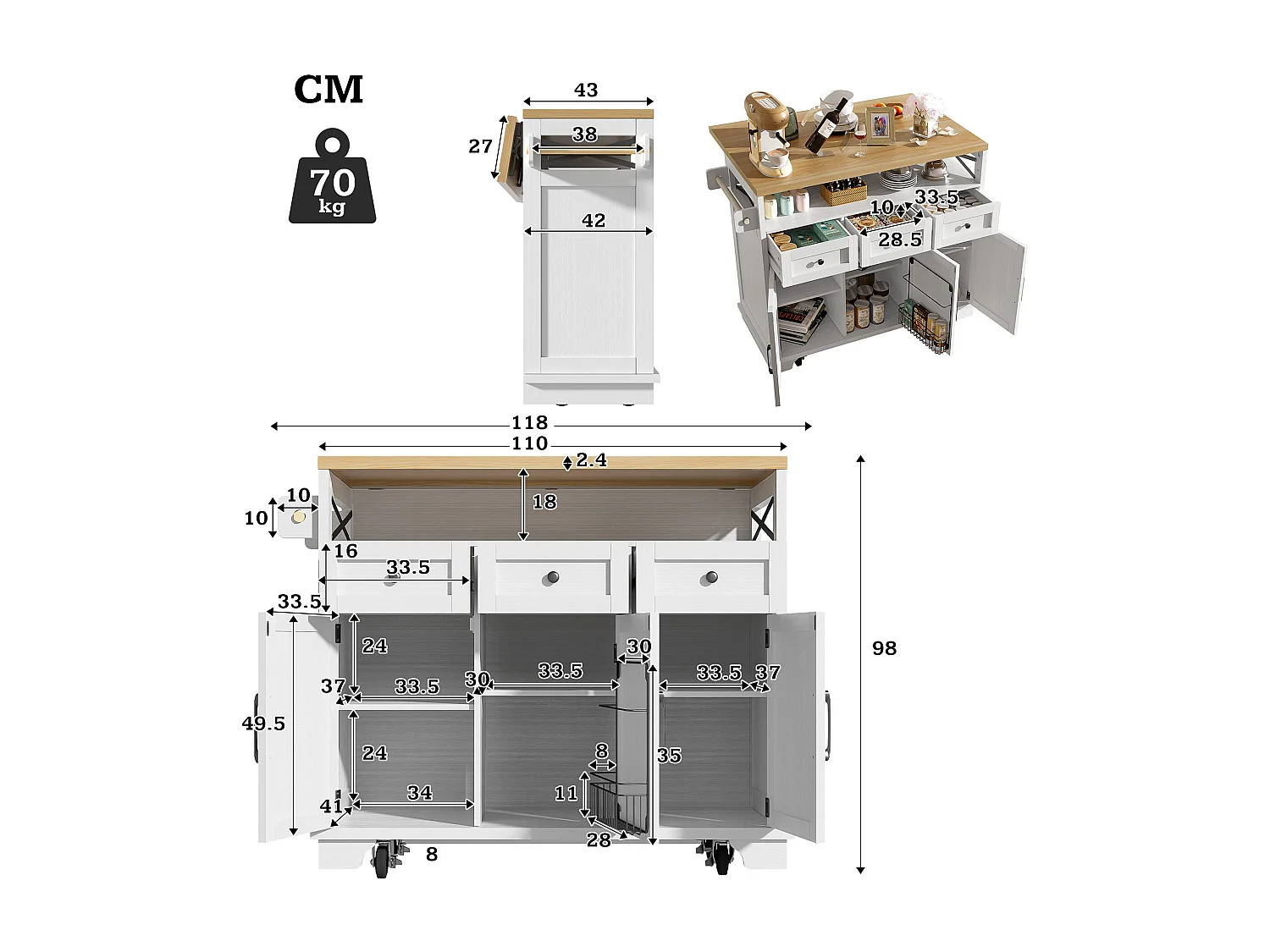 Îlot central de cuisine blanc à 3 portes et 3 tiroirs - Desserte de cuisine avec porte-serviettes et rangement ouvert - plateau pliable