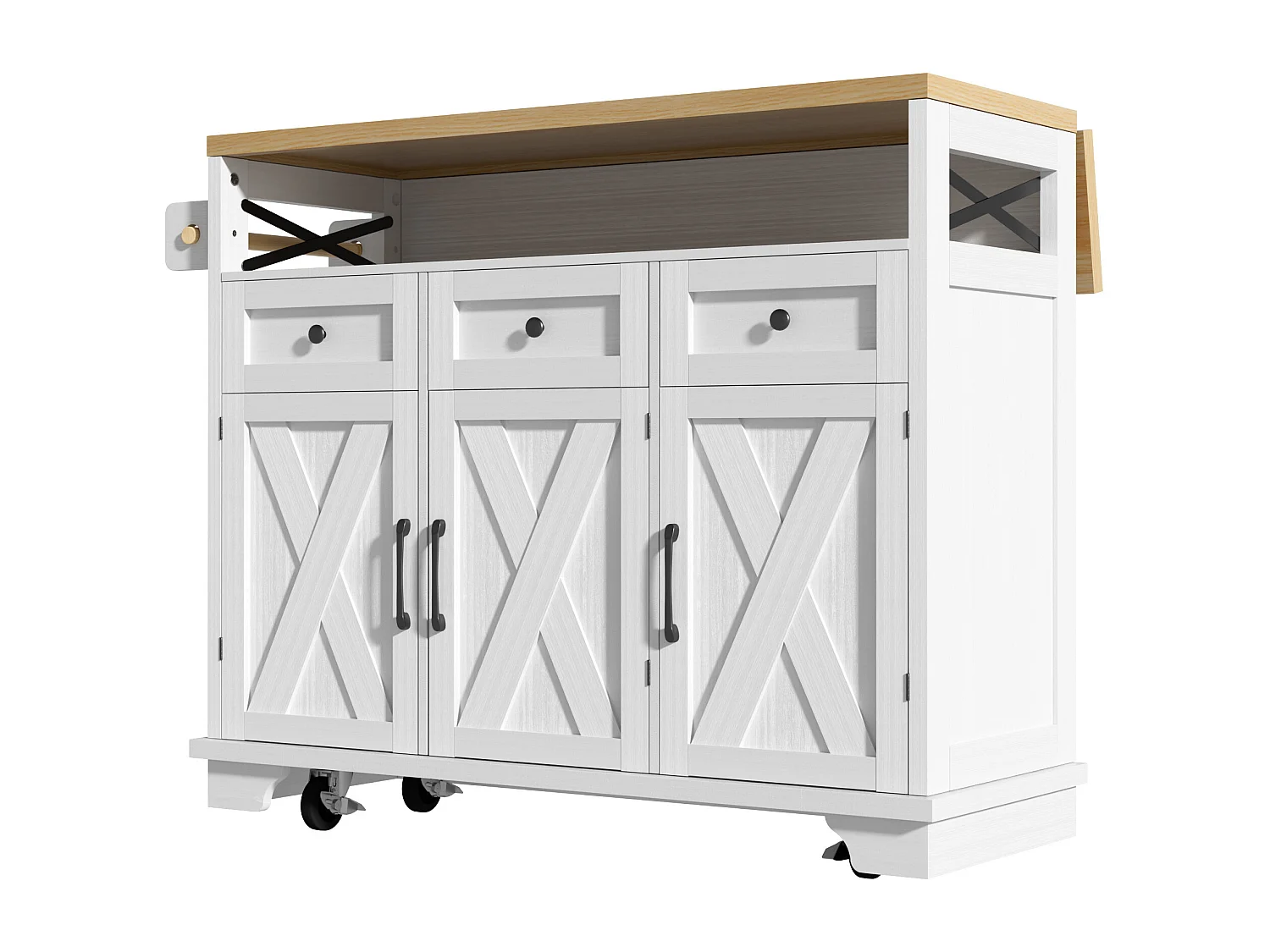 Îlot central de cuisine blanc à 3 portes et 3 tiroirs - Desserte de cuisine avec porte-serviettes et rangement ouvert - plateau pliable