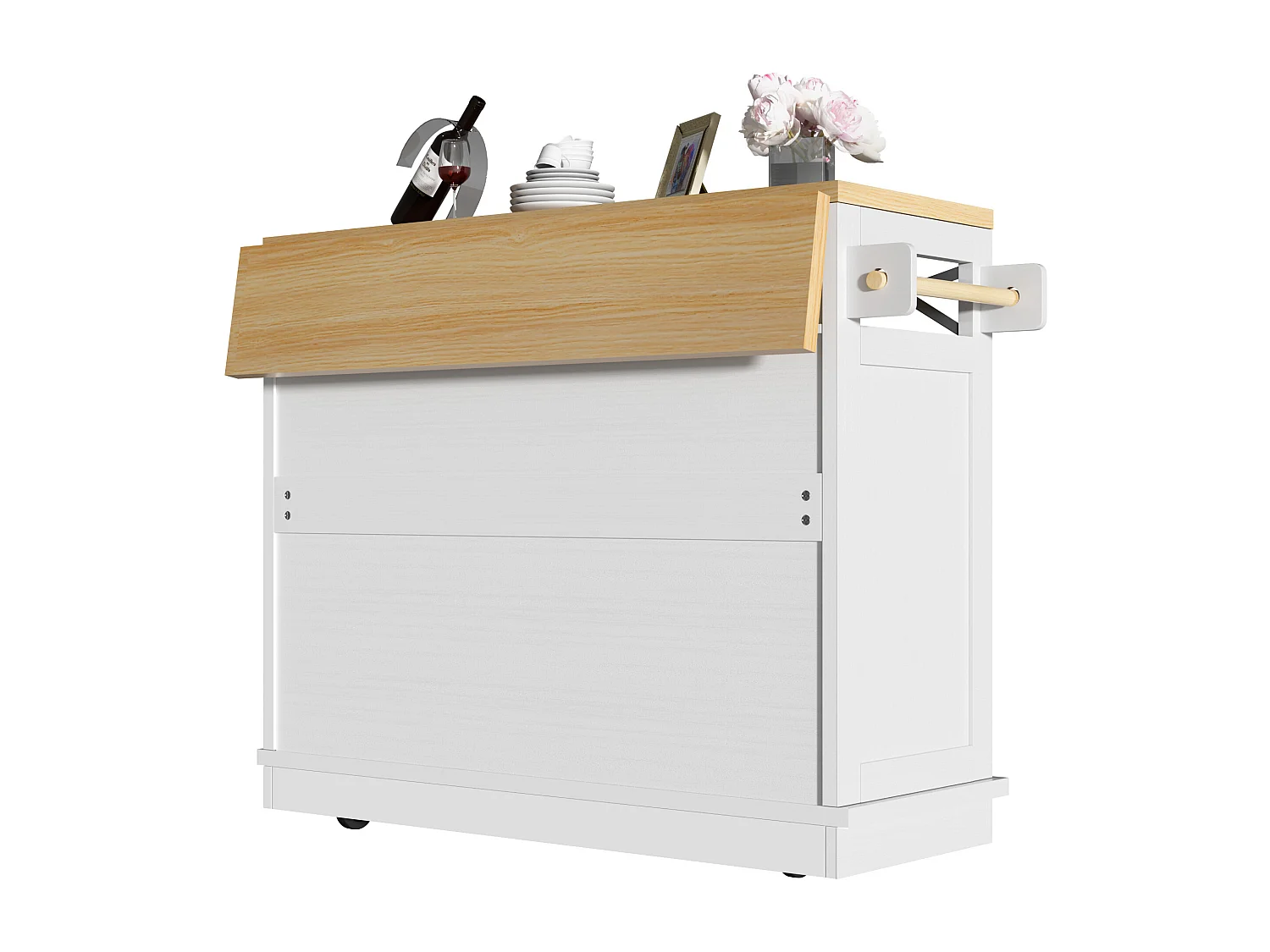 Îlot central de cuisine blanc à 3 portes et 3 tiroirs - Desserte de cuisine avec porte-serviettes et rangement ouvert - plateau pliable