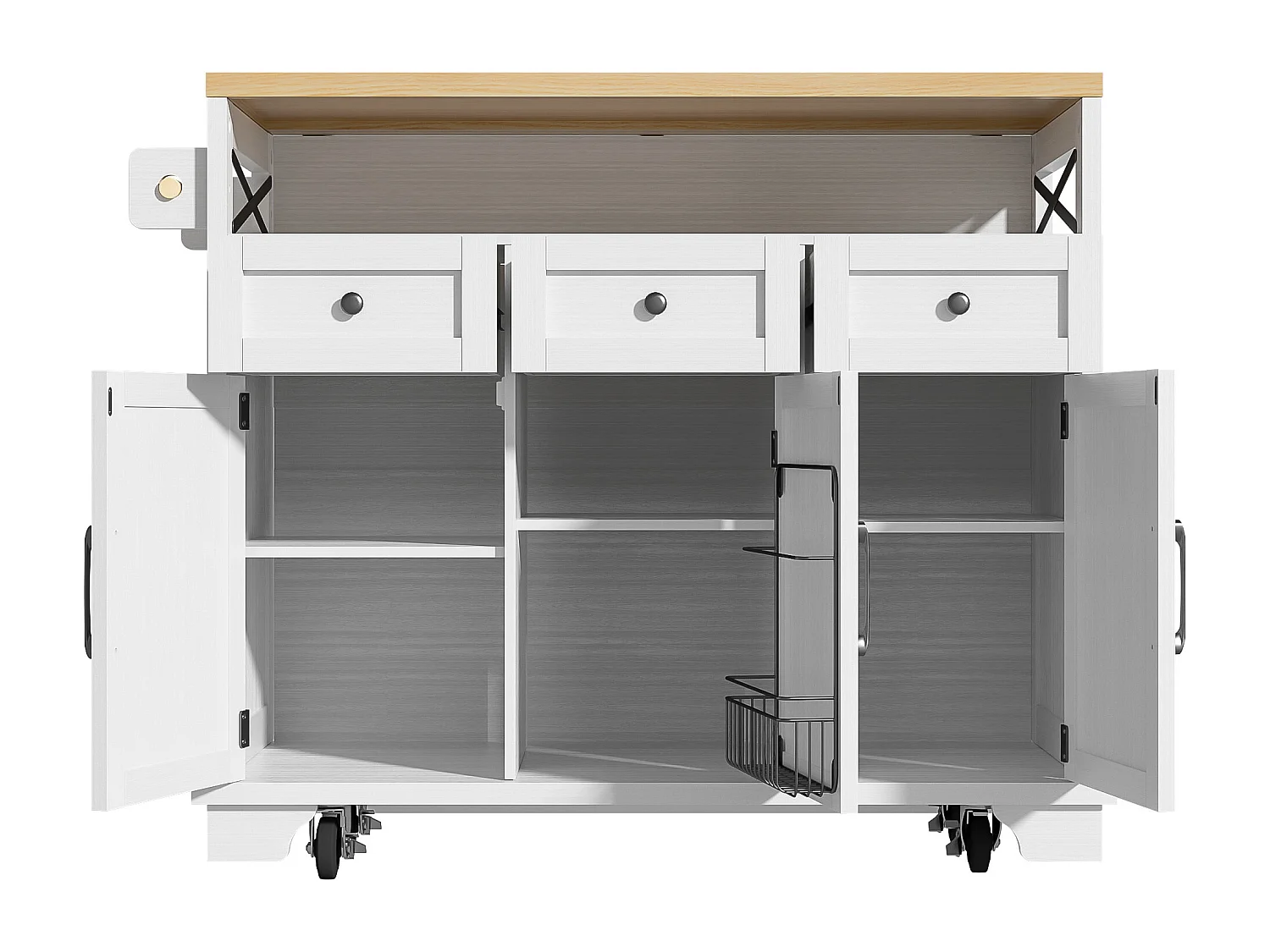 Îlot central de cuisine blanc à 3 portes et 3 tiroirs - Desserte de cuisine avec porte-serviettes et rangement ouvert - plateau pliable