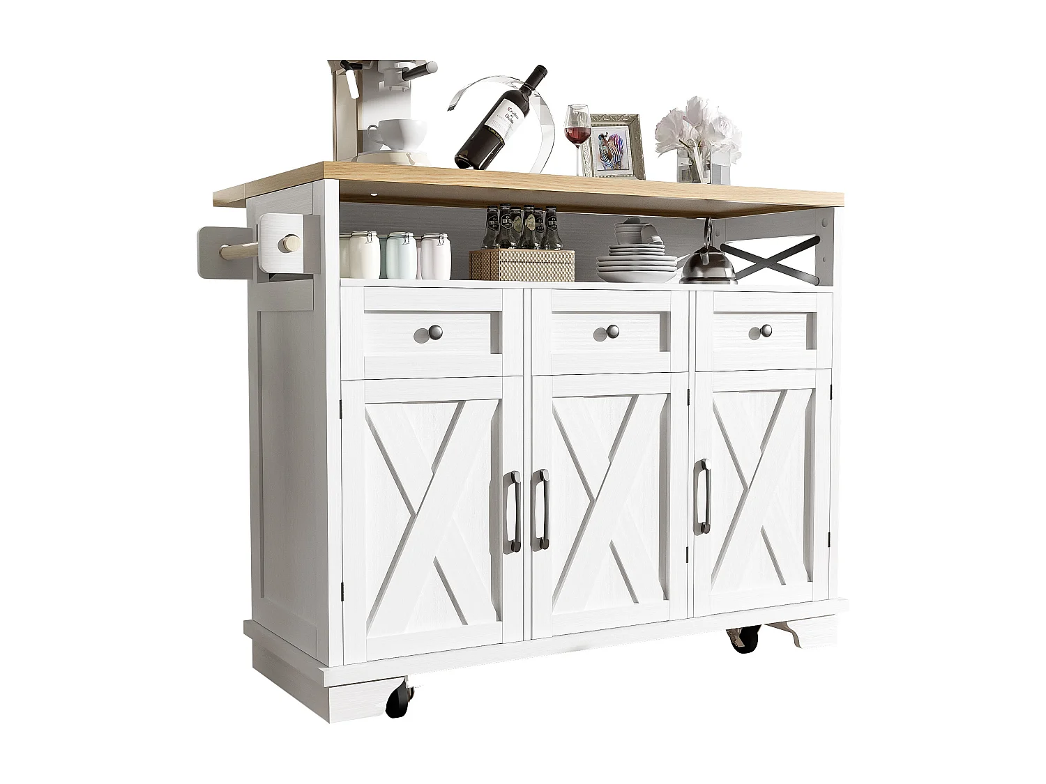 Îlot central de cuisine blanc à 3 portes et 3 tiroirs - Desserte de cuisine avec porte-serviettes et rangement ouvert - plateau pliable