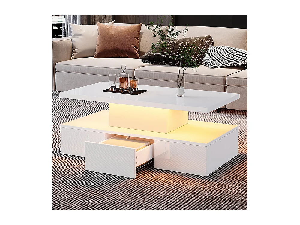 Table basse deux niveaux LED 16 couleurs brillante étagère ouverte 1 tiroir coulissant rectangulaire blanc salon