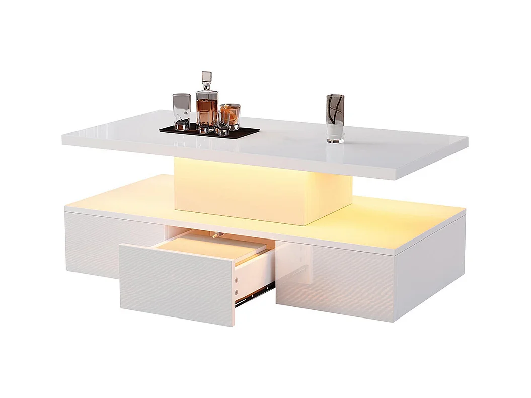 Table basse deux niveaux LED 16 couleurs brillante étagère ouverte 1 tiroir coulissant rectangulaire blanc salon