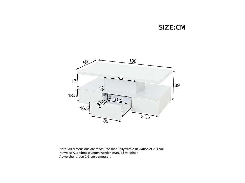 Table basse deux niveaux LED 16 couleurs brillante étagère ouverte 1 tiroir coulissant rectangulaire blanc salon