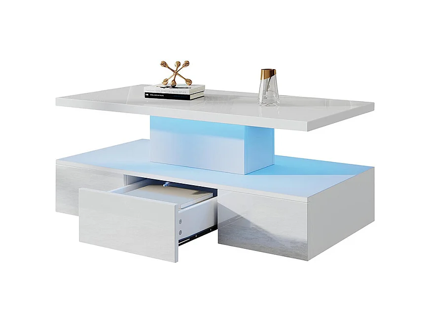 Table basse deux niveaux LED 16 couleurs brillante étagère ouverte 1 tiroir coulissant rectangulaire blanc salon