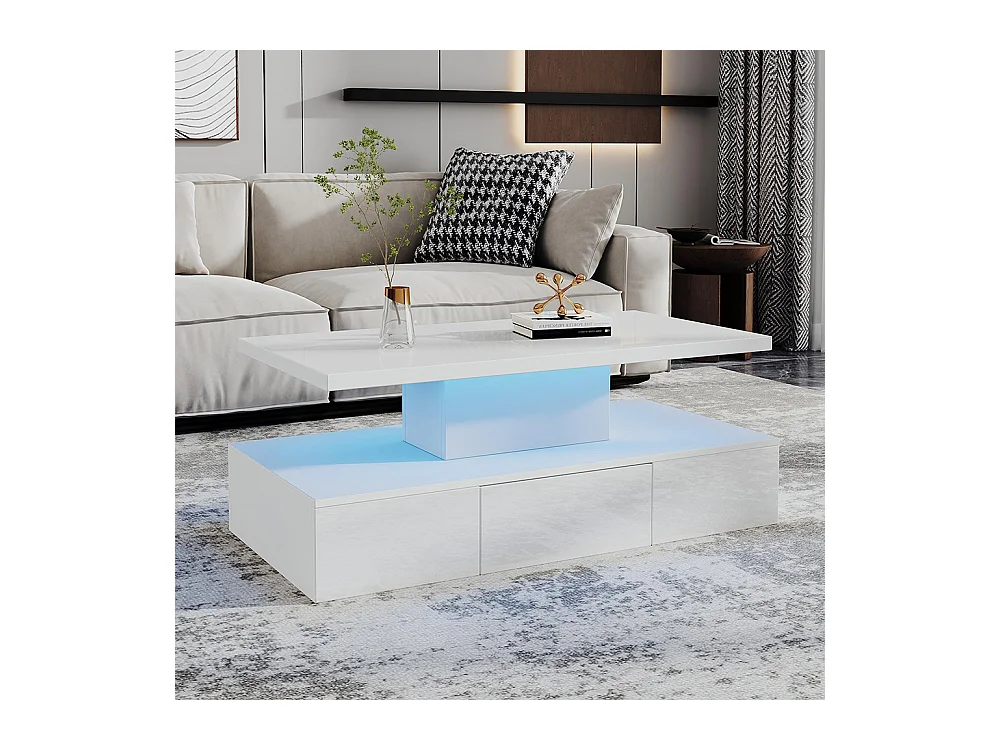 Table basse deux niveaux LED 16 couleurs brillante étagère ouverte 1 tiroir coulissant rectangulaire blanc salon