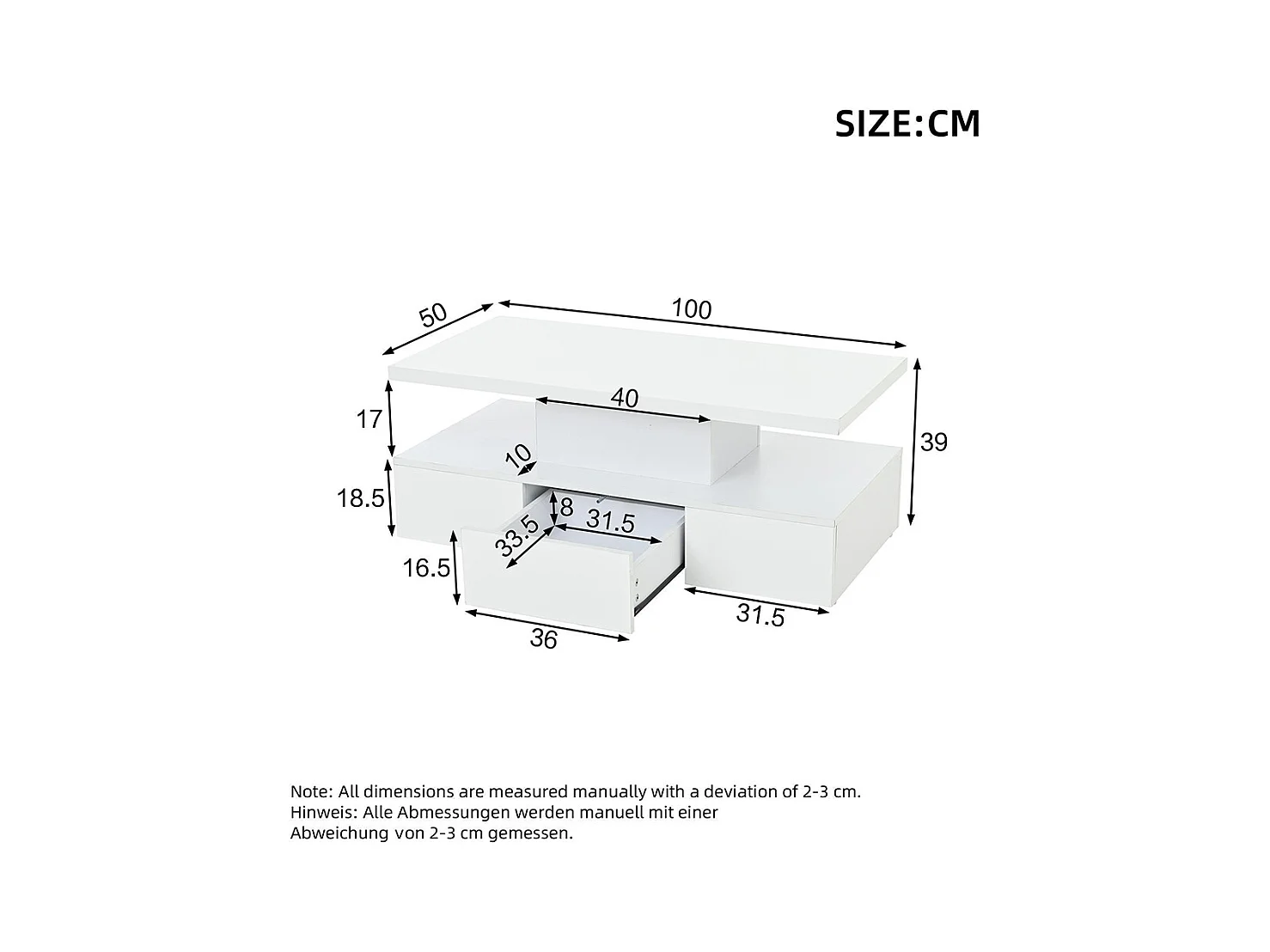 Table basse deux niveaux LED 16 couleurs brillante étagère ouverte 1 tiroir coulissant rectangulaire blanc salon