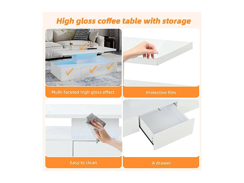 Table basse deux niveaux LED 16 couleurs brillante étagère ouverte 1 tiroir coulissant rectangulaire blanc salon