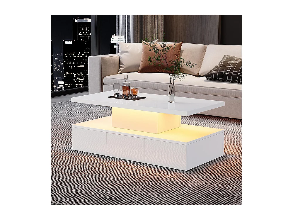 Table basse deux niveaux LED 16 couleurs brillante étagère ouverte 1 tiroir coulissant rectangulaire blanc salon