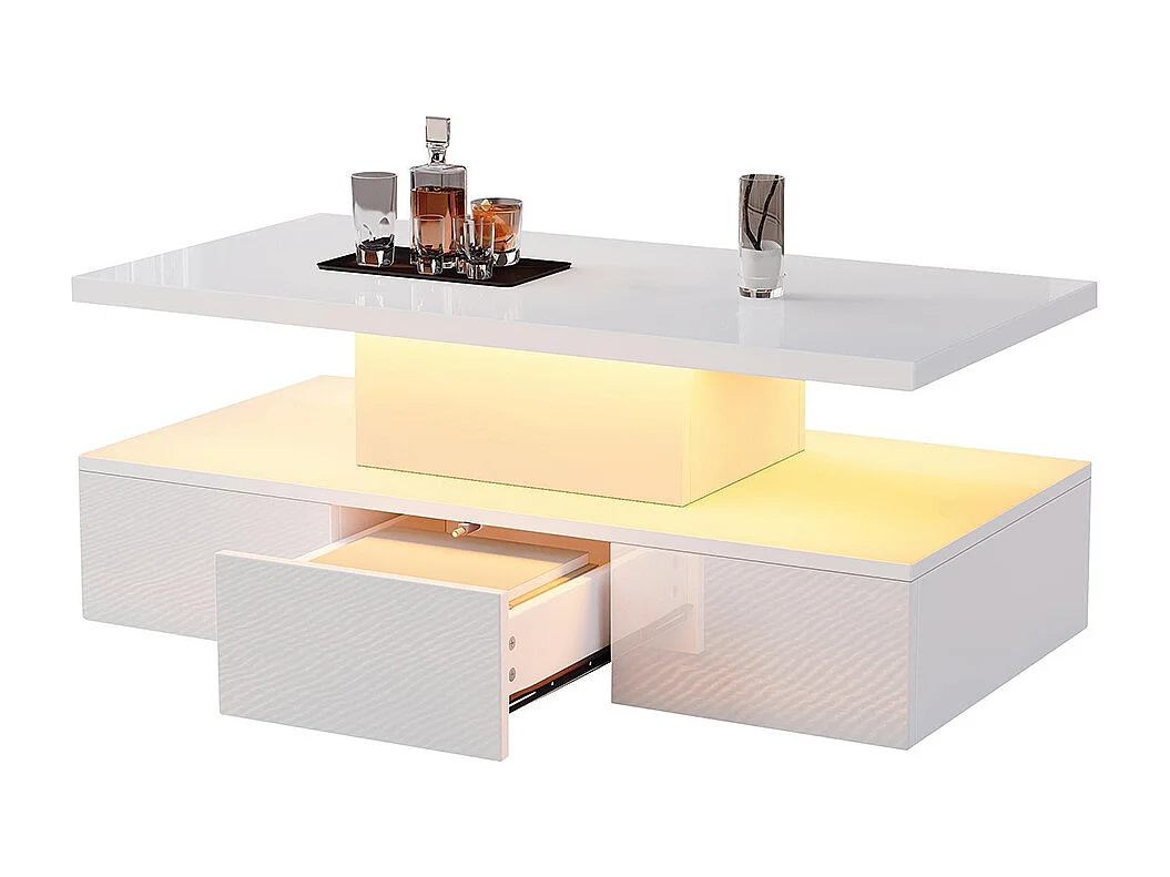 Table basse deux niveaux LED 16 couleurs brillante étagère ouverte 1 tiroir coulissant rectangulaire blanc salon