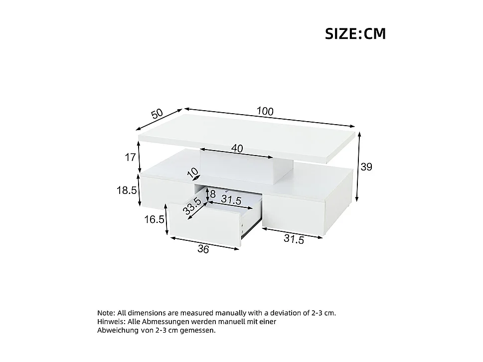 Table basse deux niveaux LED 16 couleurs brillante étagère ouverte 1 tiroir coulissant rectangulaire blanc salon