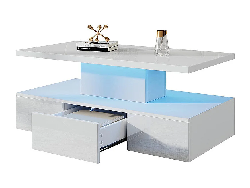 Table basse deux niveaux LED 16 couleurs brillante étagère ouverte 1 tiroir coulissant rectangulaire blanc salon