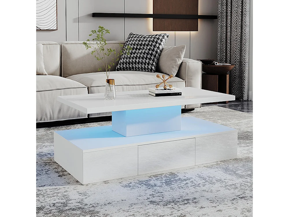 Table basse deux niveaux LED 16 couleurs brillante étagère ouverte 1 tiroir coulissant rectangulaire blanc salon