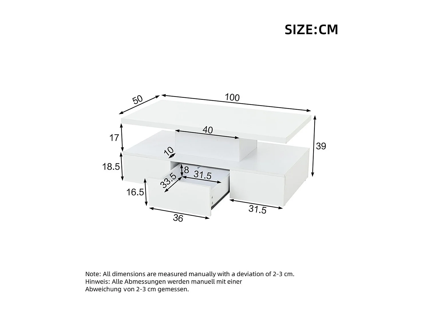 Table basse deux niveaux LED 16 couleurs brillante étagère ouverte 1 tiroir coulissant rectangulaire blanc salon