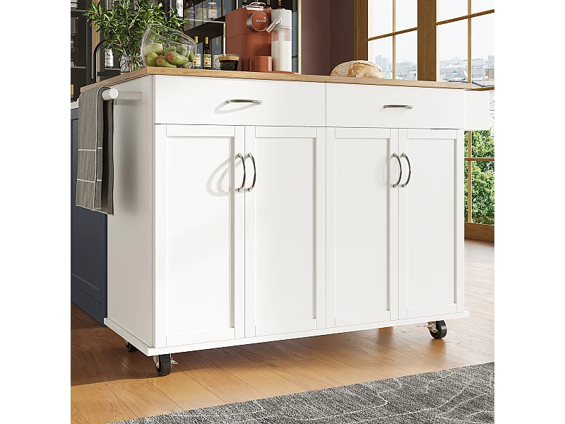 Witte mobiele keukentrolley - keukeneiland met 2 lades en 4 deuren - kruidenrek en handdoekenrek