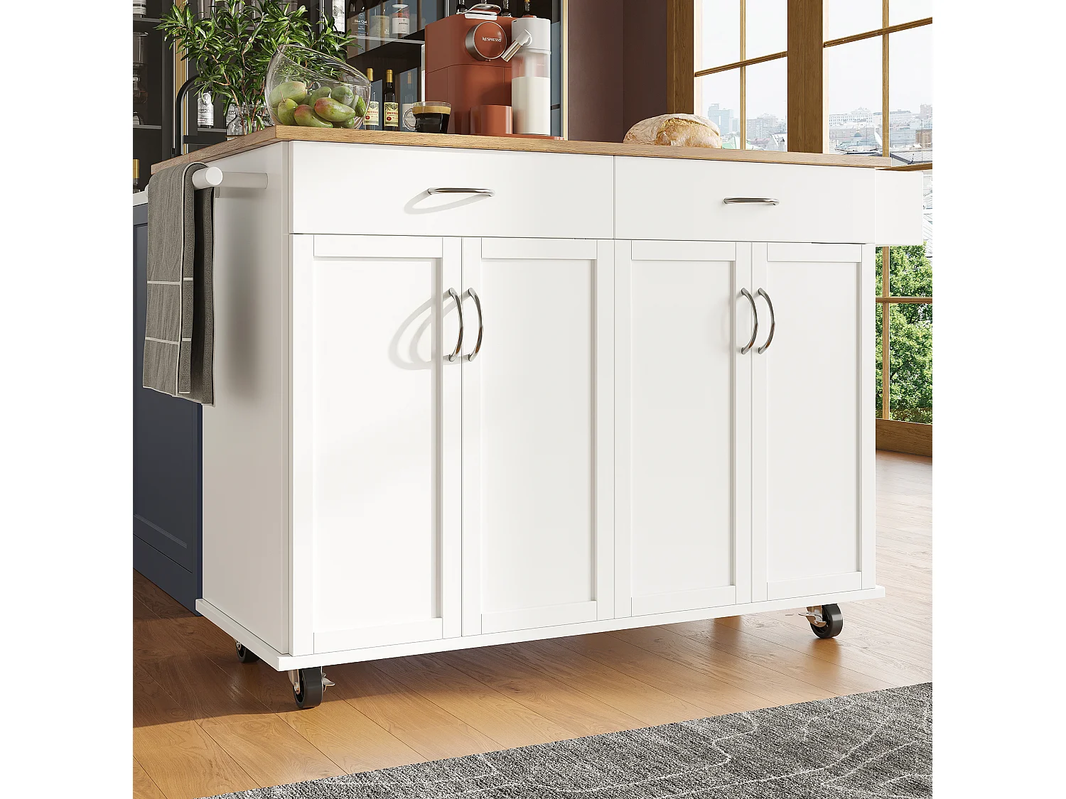 Desserte de cuisine mobile blanc - Îlot central de cuisine avec 2 tiroirs et 4 portes - etagère à épices et porte-serviettes