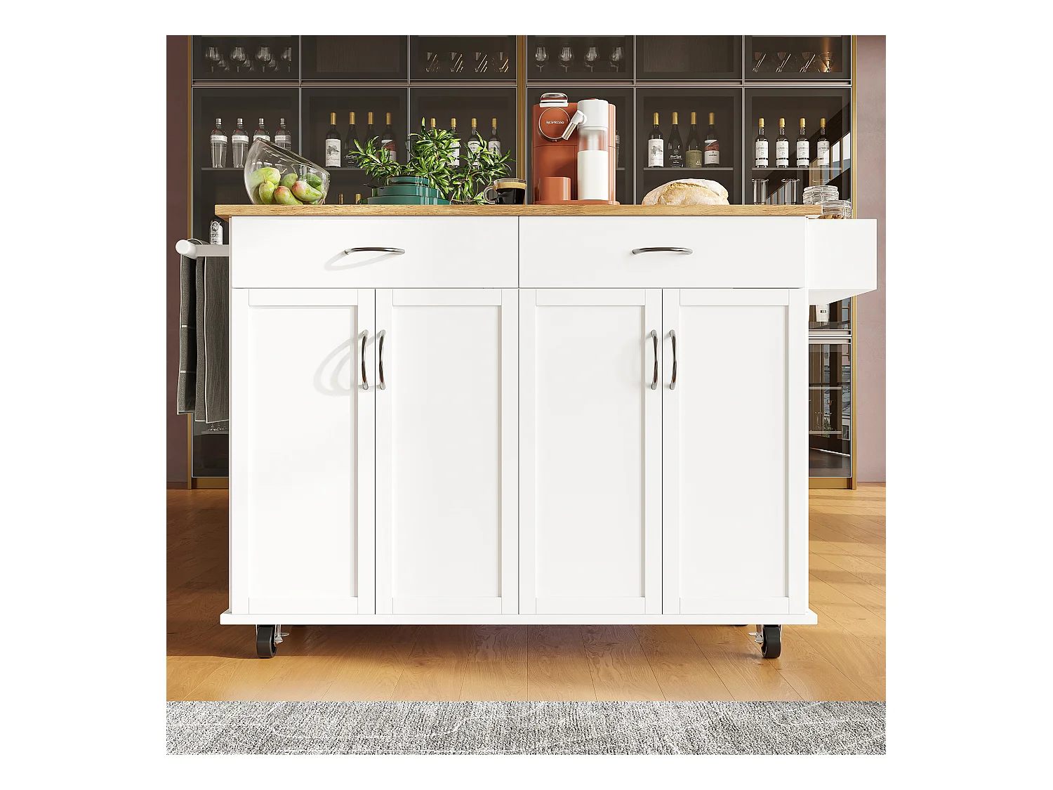 Desserte de cuisine mobile blanc - Îlot central de cuisine avec 2 tiroirs et 4 portes - etagère à épices et porte-serviettes