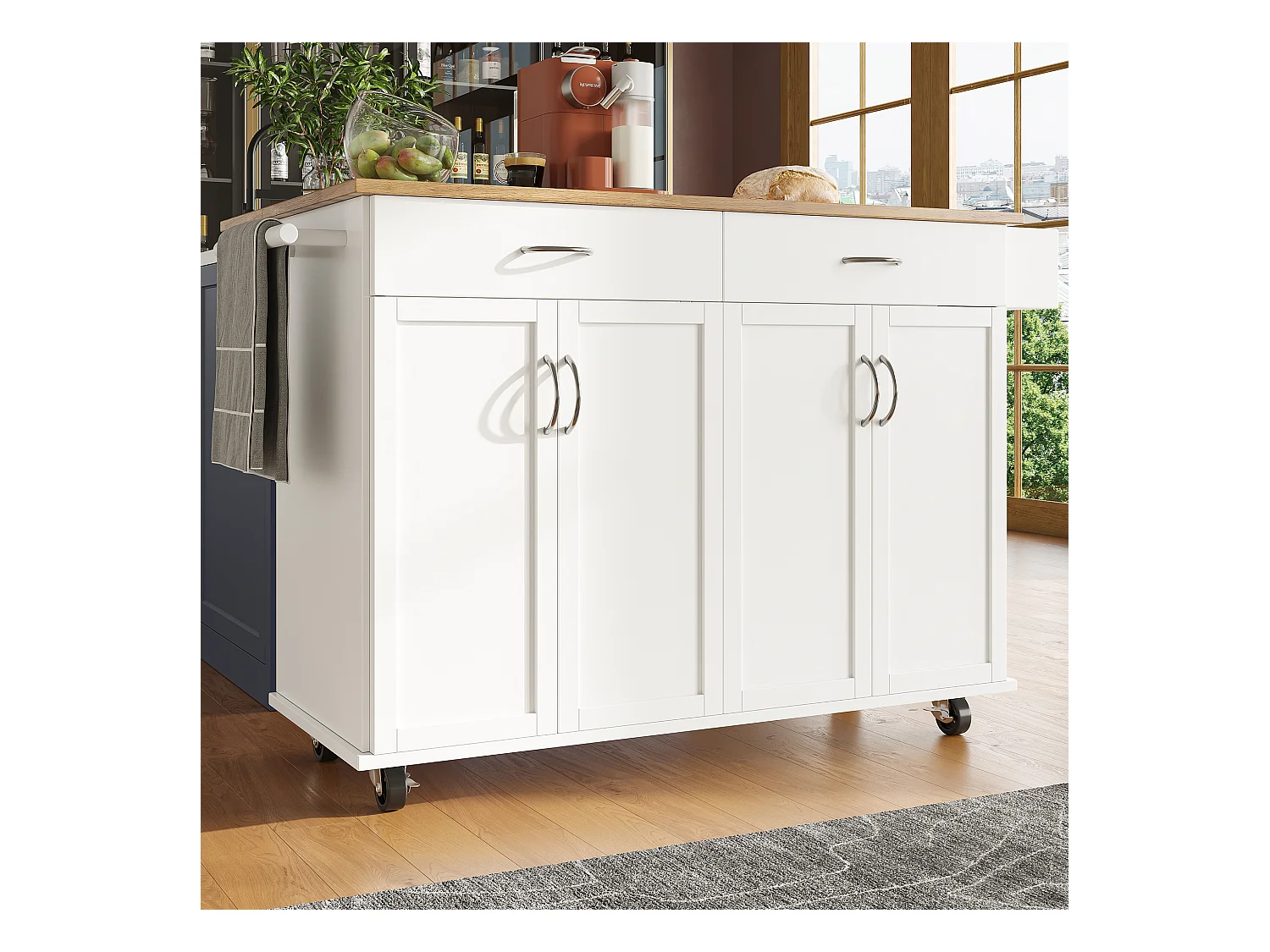 Desserte de cuisine mobile blanc - Îlot central de cuisine avec 2 tiroirs et 4 portes - etagère à épices et porte-serviettes