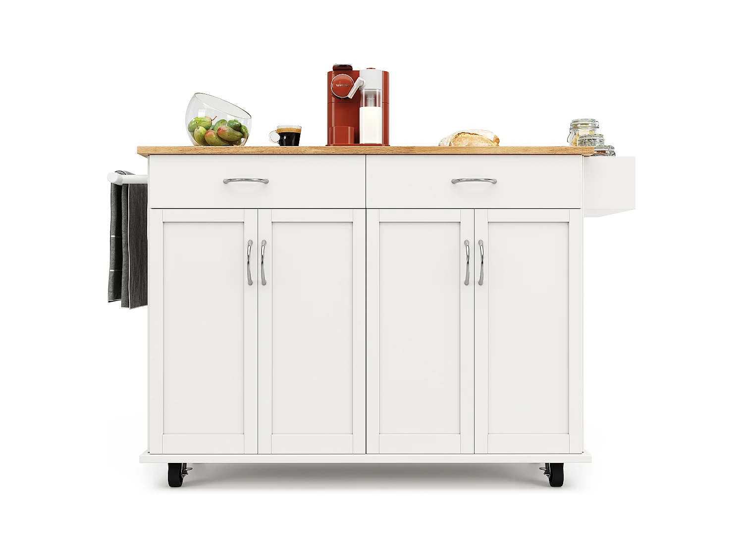 Carrinho de cozinha móvel branco - Ilha de cozinha com 2 gavetas e 4 portas - Porta-tempero e toalheiro