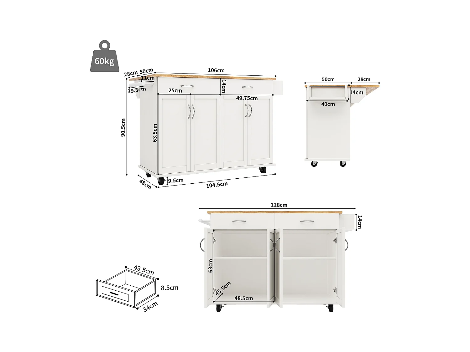 Carrinho de cozinha móvel branco - Ilha de cozinha com 2 gavetas e 4 portas - Porta-tempero e toalheiro