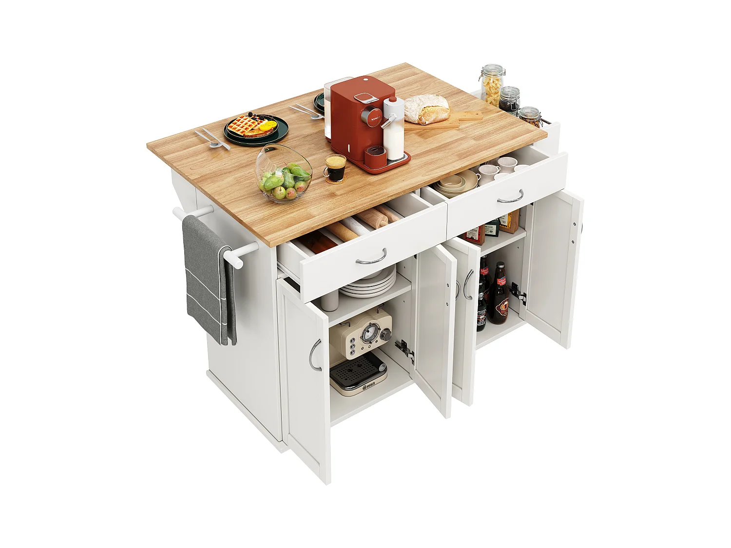 Carrinho de cozinha móvel branco - Ilha de cozinha com 2 gavetas e 4 portas - Porta-tempero e toalheiro