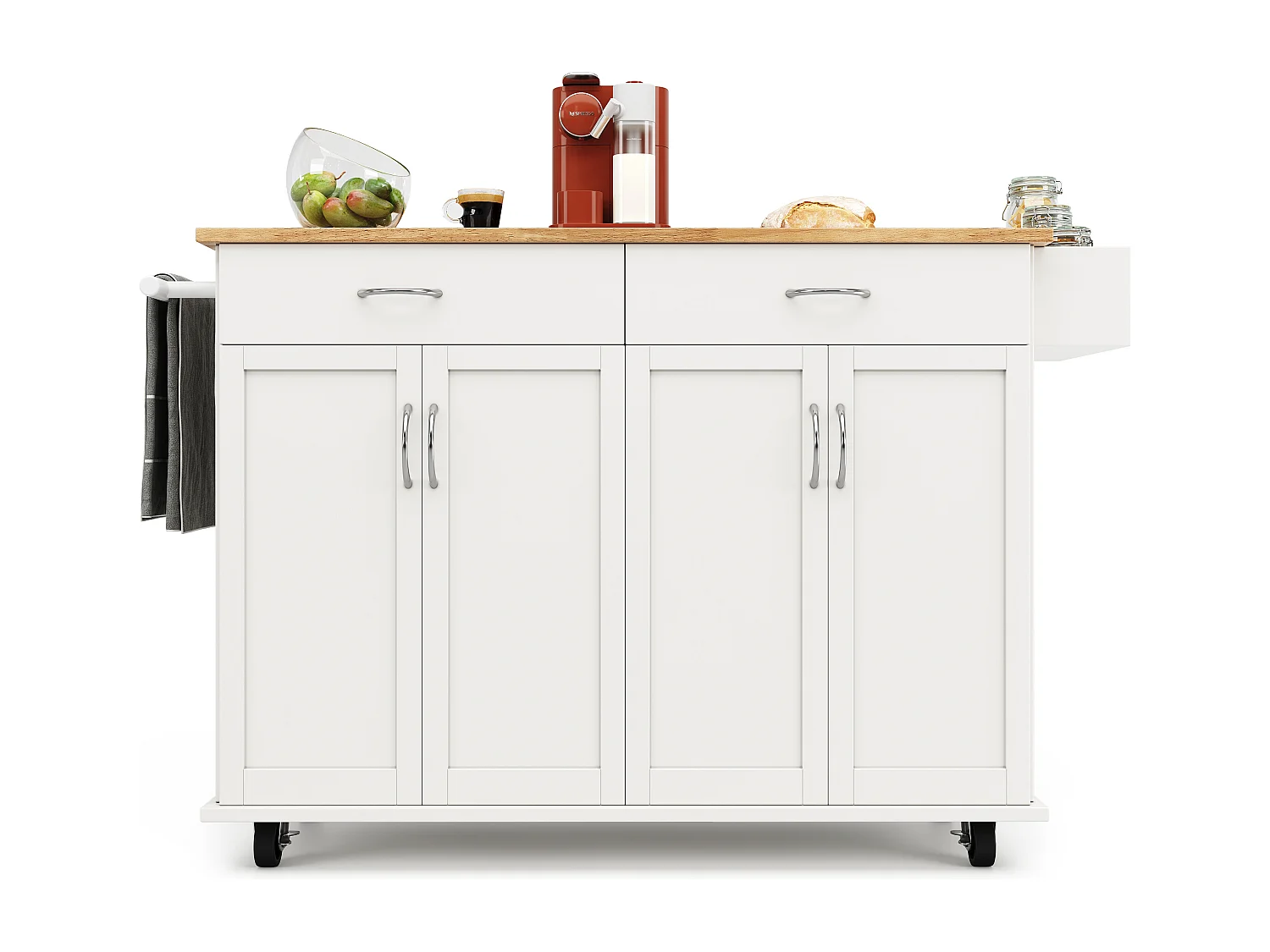 Biały mobilny wózek kuchenny - Wyspa kuchenna z 2 szufladami i 4 drzwiami - Półka na przyprawy i wieszak na ręczniki
