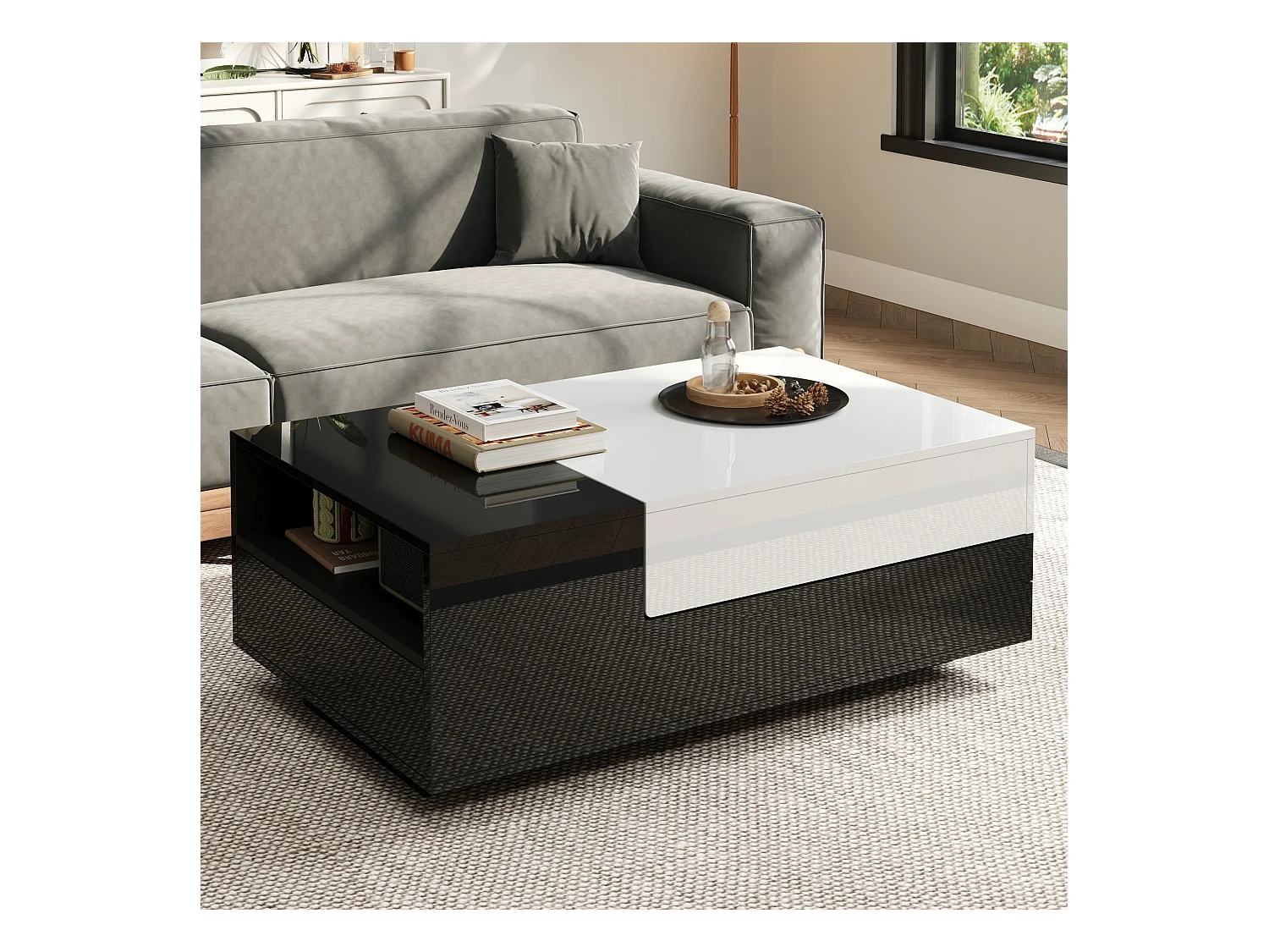 Table basse noir et blanc - Table basse avec plateau coulissant et 1 tiroir - compartiment de rangement dissimulé