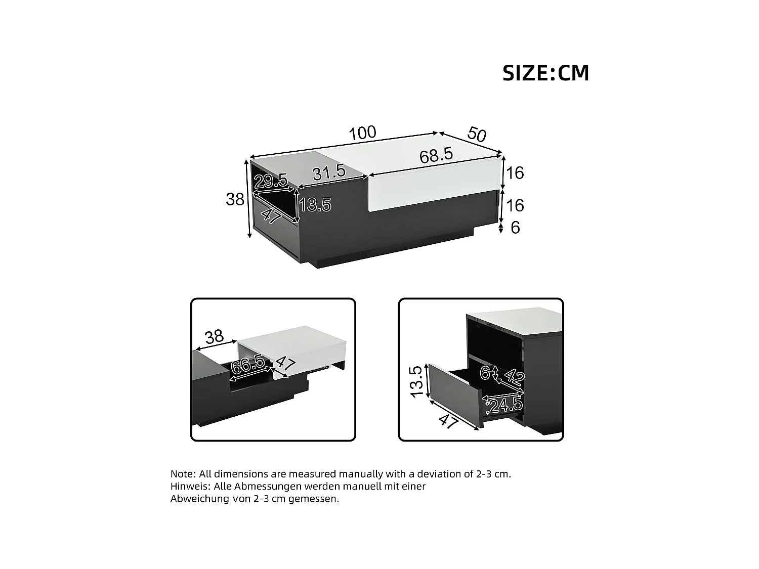 Table basse noir et blanc - Table basse avec plateau coulissant et 1 tiroir - compartiment de rangement dissimulé