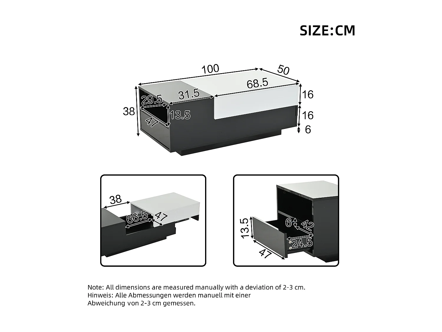 Mesa de centro preta e branca - Mesa de centro com tampo deslizante e 1 gaveta - compartimento de arrumação oculto