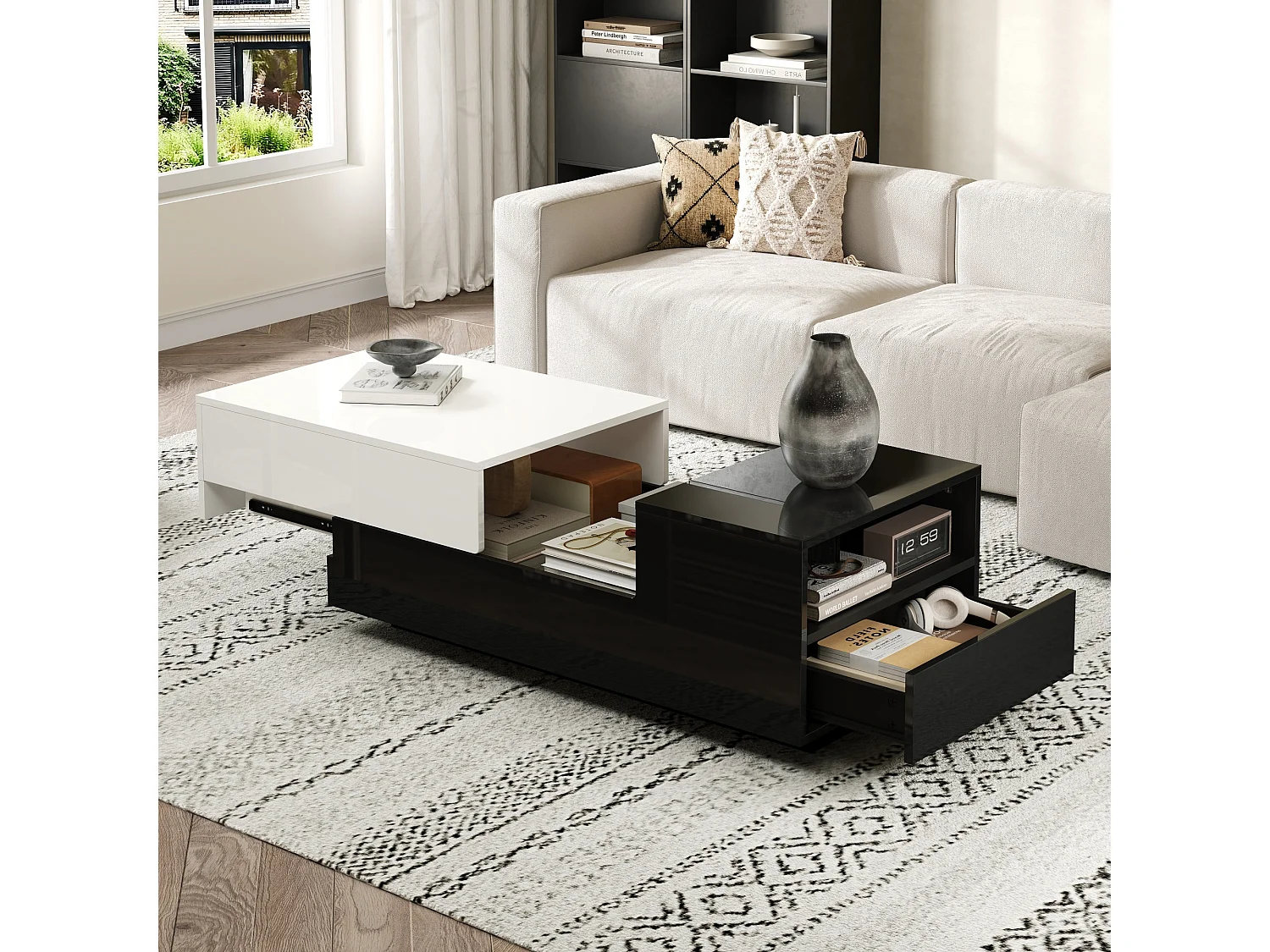 Table basse noir et blanc - Table basse avec plateau coulissant et 1 tiroir - compartiment de rangement dissimulé