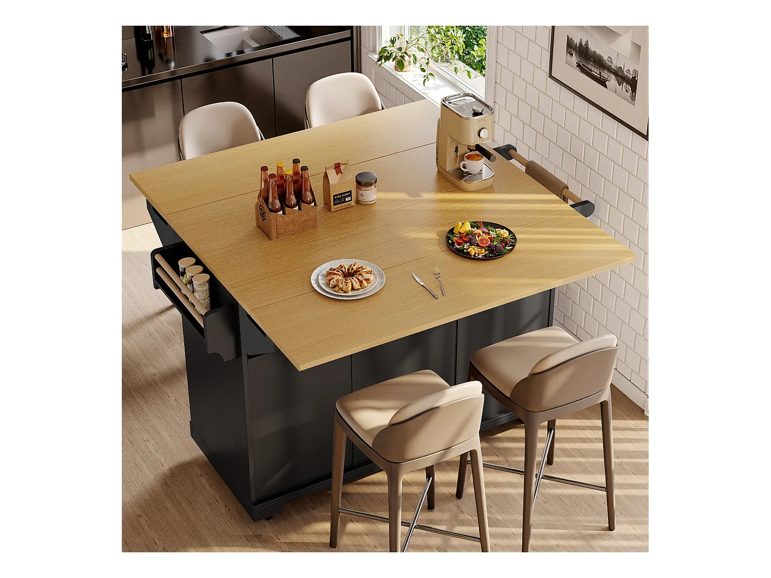 Desserte de cuisine noir avec plateau rabattable - Îlot central avec 2 portes et 3 tiroirs - porte-serviettes et étagère à épices