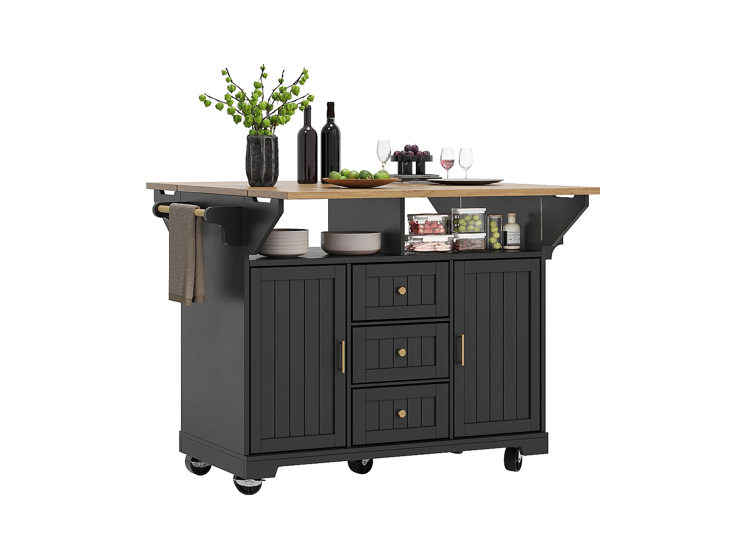 Desserte de cuisine noir avec plateau rabattable - Îlot central avec 2 portes et 3 tiroirs - porte-serviettes et étagère à épices