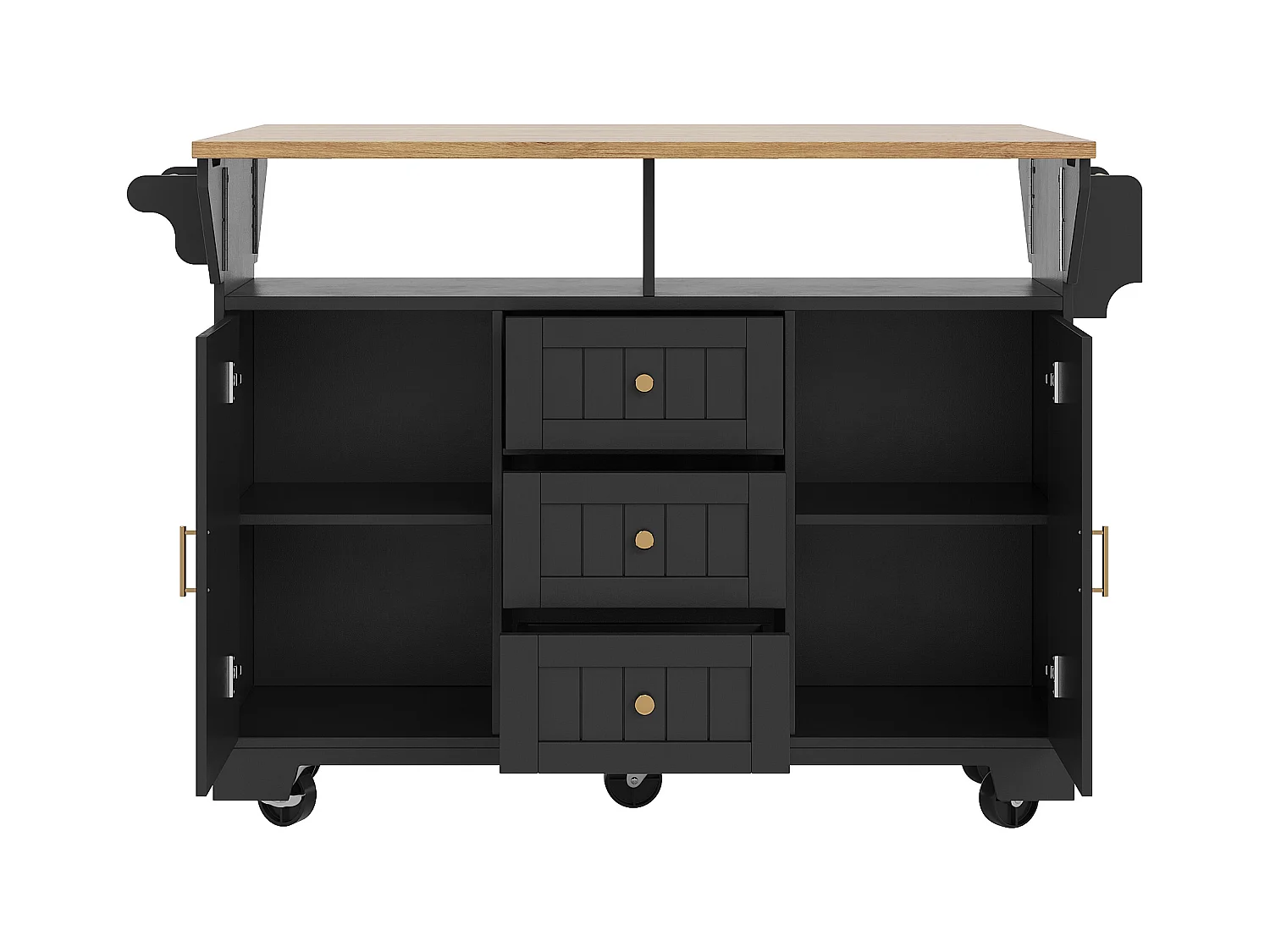 Desserte de cuisine noir avec plateau rabattable - Îlot central avec 2 portes et 3 tiroirs - porte-serviettes et étagère à épices