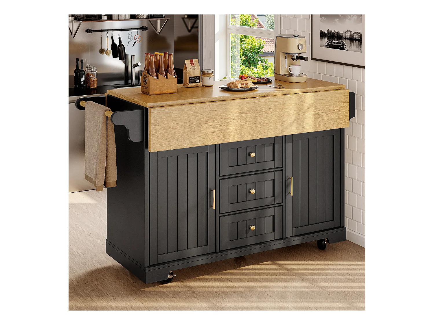 Carrito de cocina negro con tapa abatible - Isla central con 2 puertas y 3 cajones - Toallero y especiero