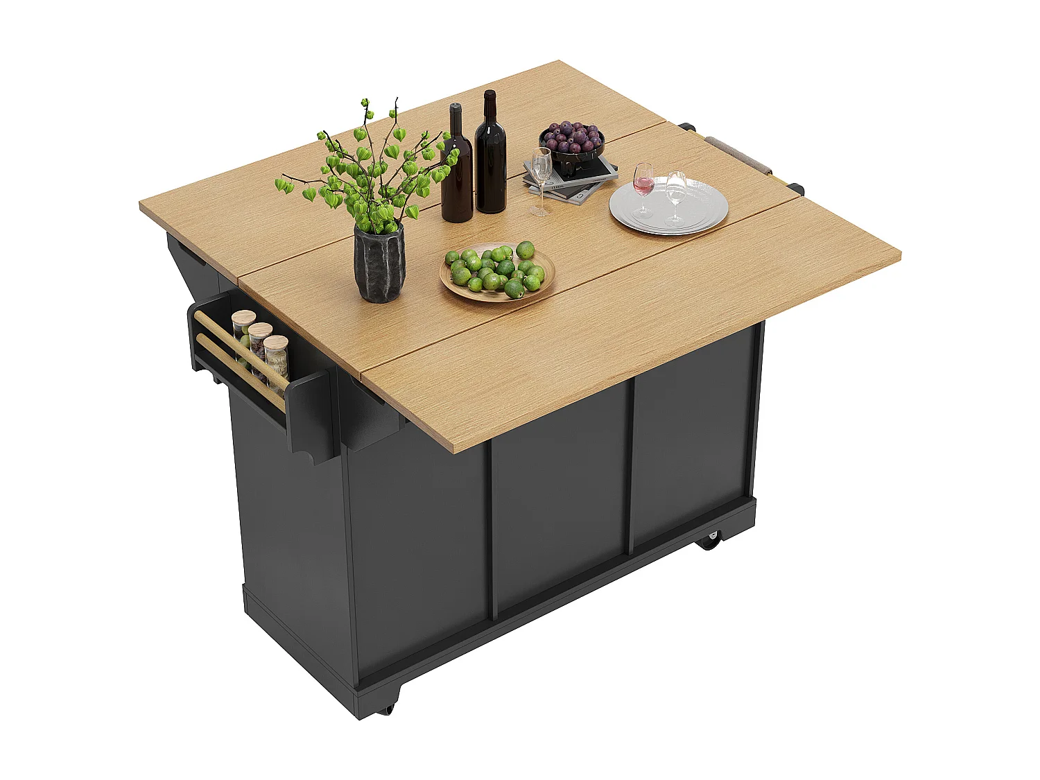 Desserte de cuisine noir avec plateau rabattable - Îlot central avec 2 portes et 3 tiroirs - porte-serviettes et étagère à épices