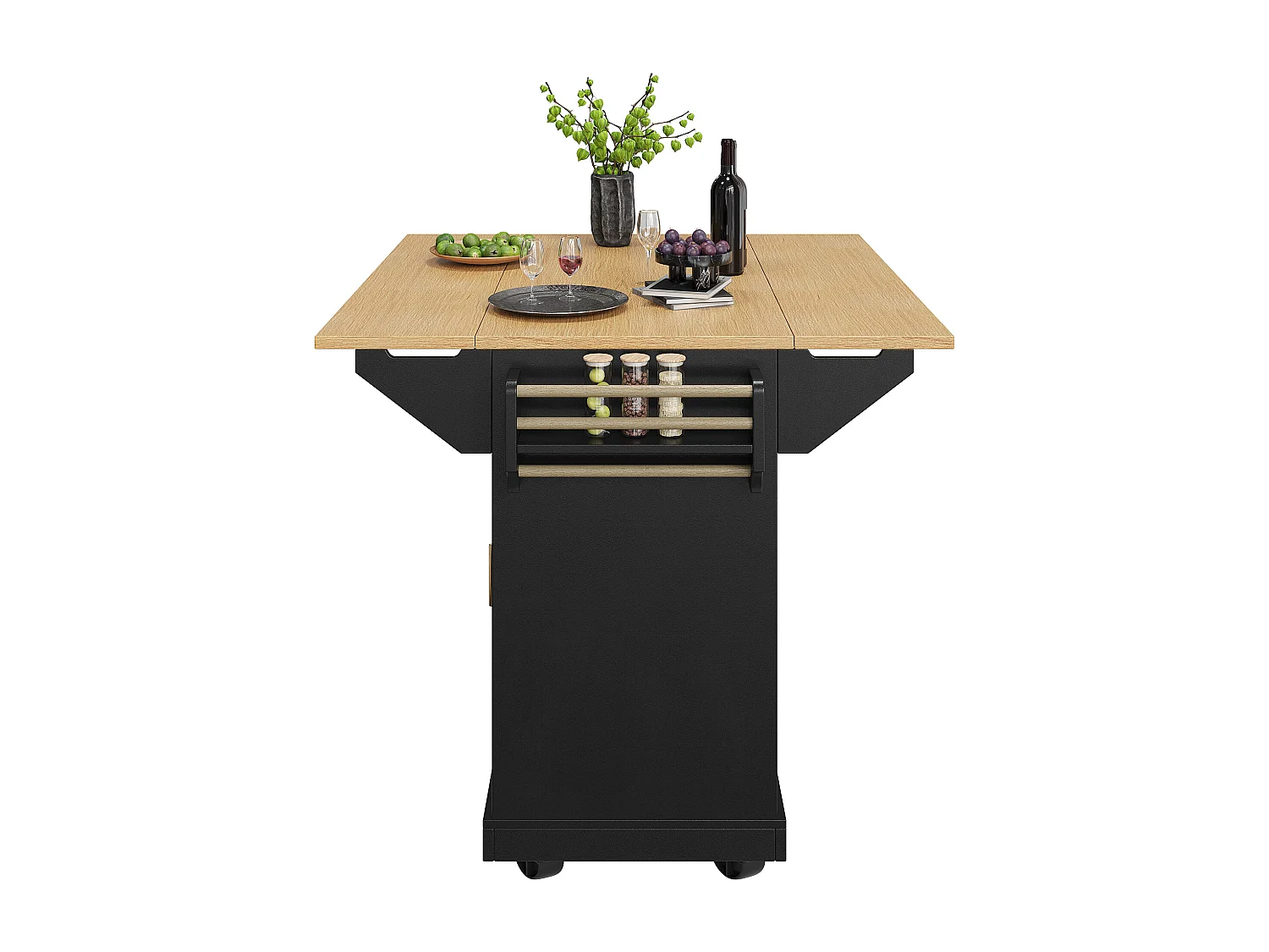 Desserte de cuisine noir avec plateau rabattable - Îlot central avec 2 portes et 3 tiroirs - porte-serviettes et étagère à épices