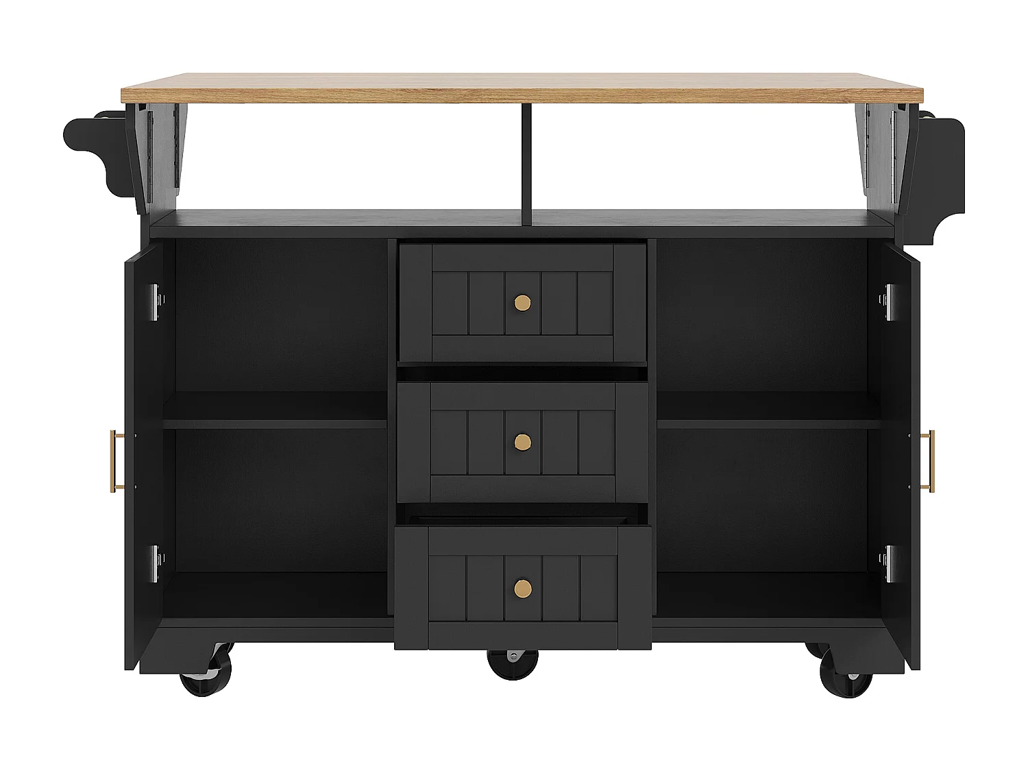 Desserte de cuisine noir avec plateau rabattable - Îlot central avec 2 portes et 3 tiroirs - porte-serviettes et étagère à épices