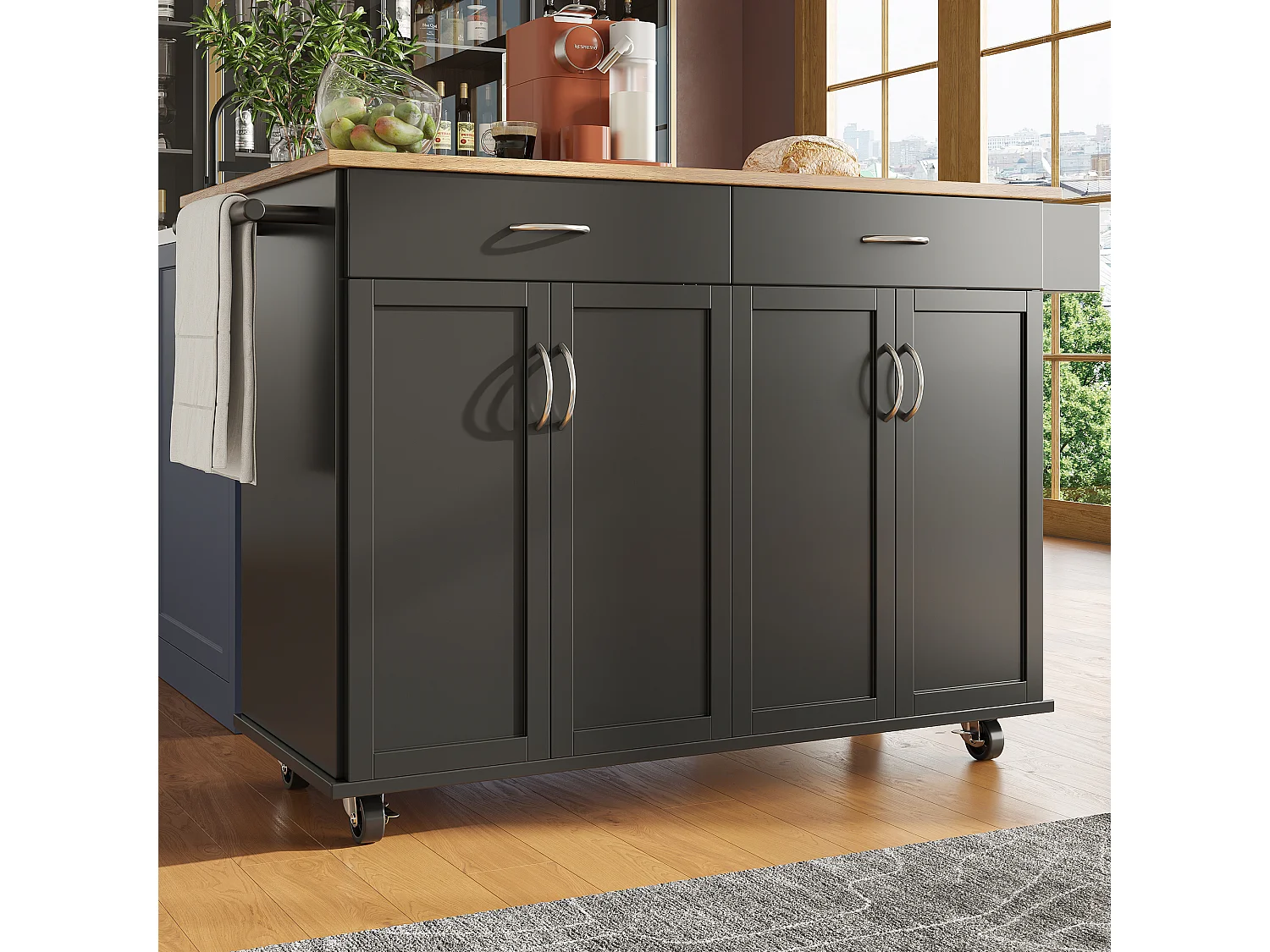 Carrinho de cozinha móvel preto - Ilha de cozinha central com 2 gavetas e 4 portas - porta-temperos e toalheiro