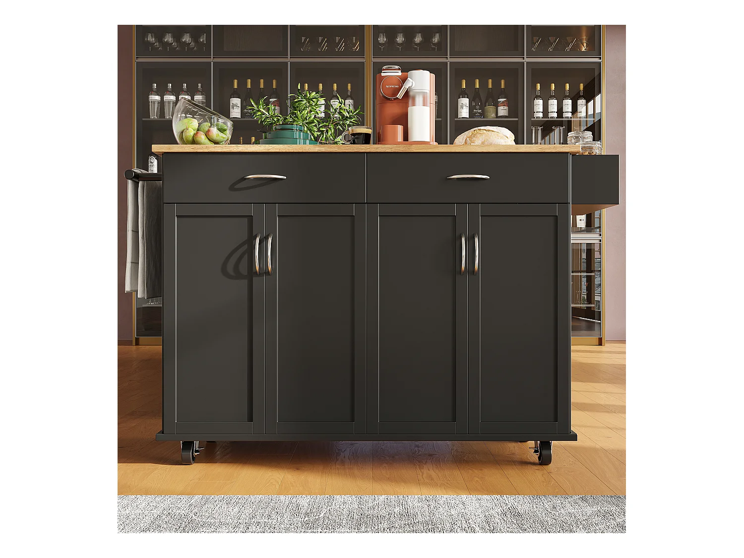 Carrinho de cozinha móvel preto - Ilha de cozinha central com 2 gavetas e 4 portas - porta-temperos e toalheiro